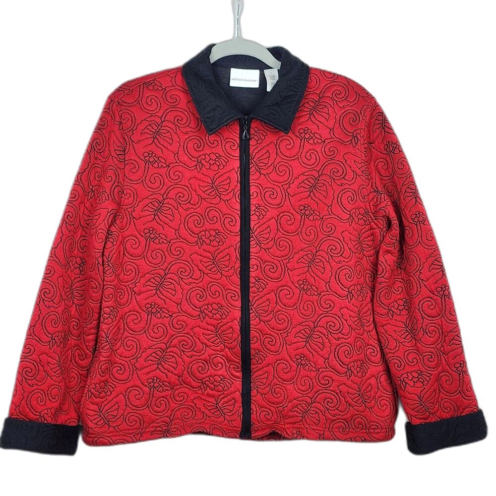 Alfred Dunner Quilted Butterfly Zip Up Jacket Red Black Women's Size 14